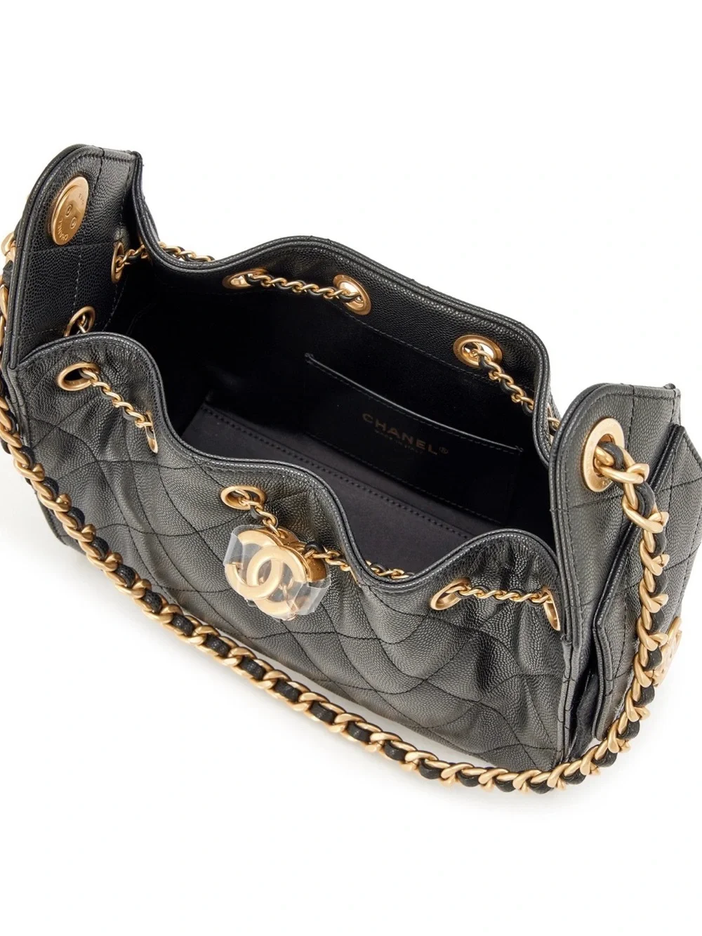 Brand New - Chanel Black Quilted Leather Drawstring Shoulder Bag with Gold Chain